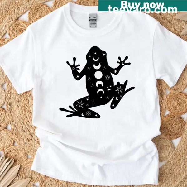 Mystical Black Frog t-shirt with stars and moon phases design