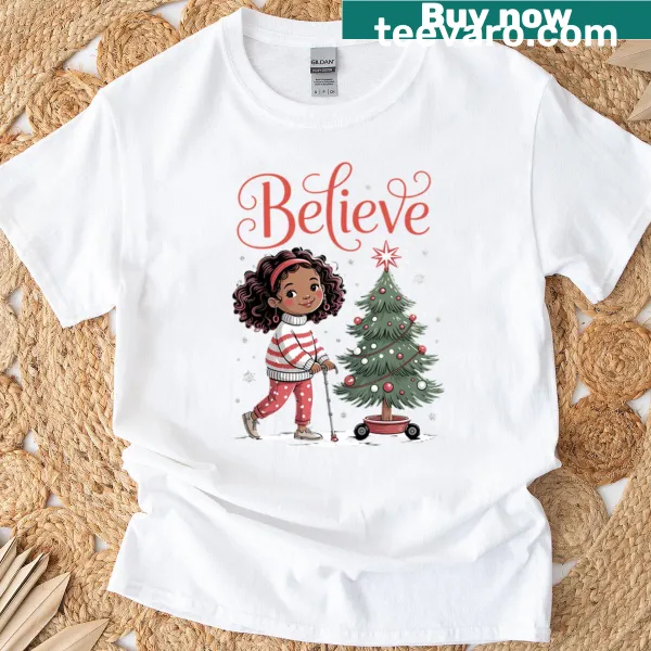Illustration of a Black girl as Santa on a Christmas T-shirt
