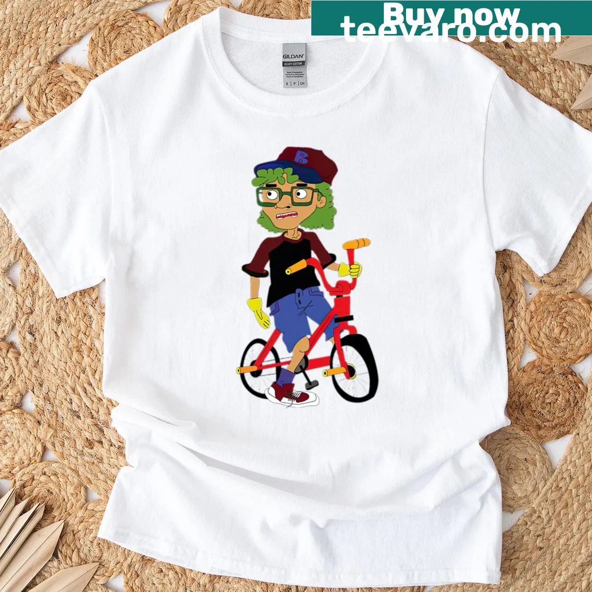 Cartoon BMX rider character t-shirt with fun bike graphics — on a men's t-shirt