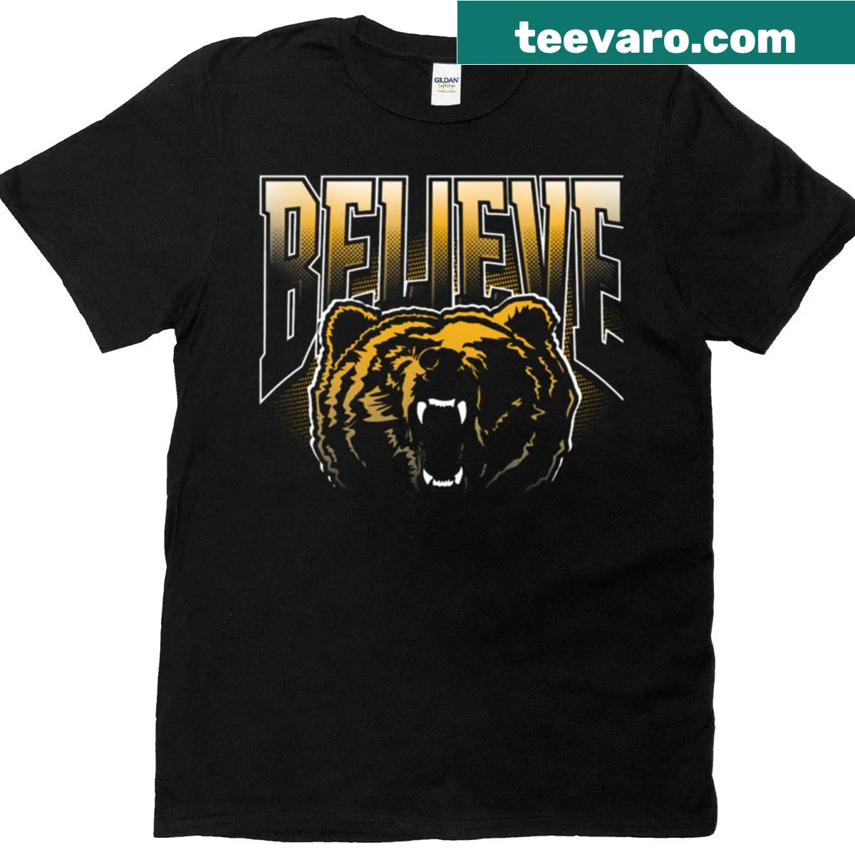 Team pride shirt with the word 'Believe' for Boston Bruins fans. — on a men's t-shirt