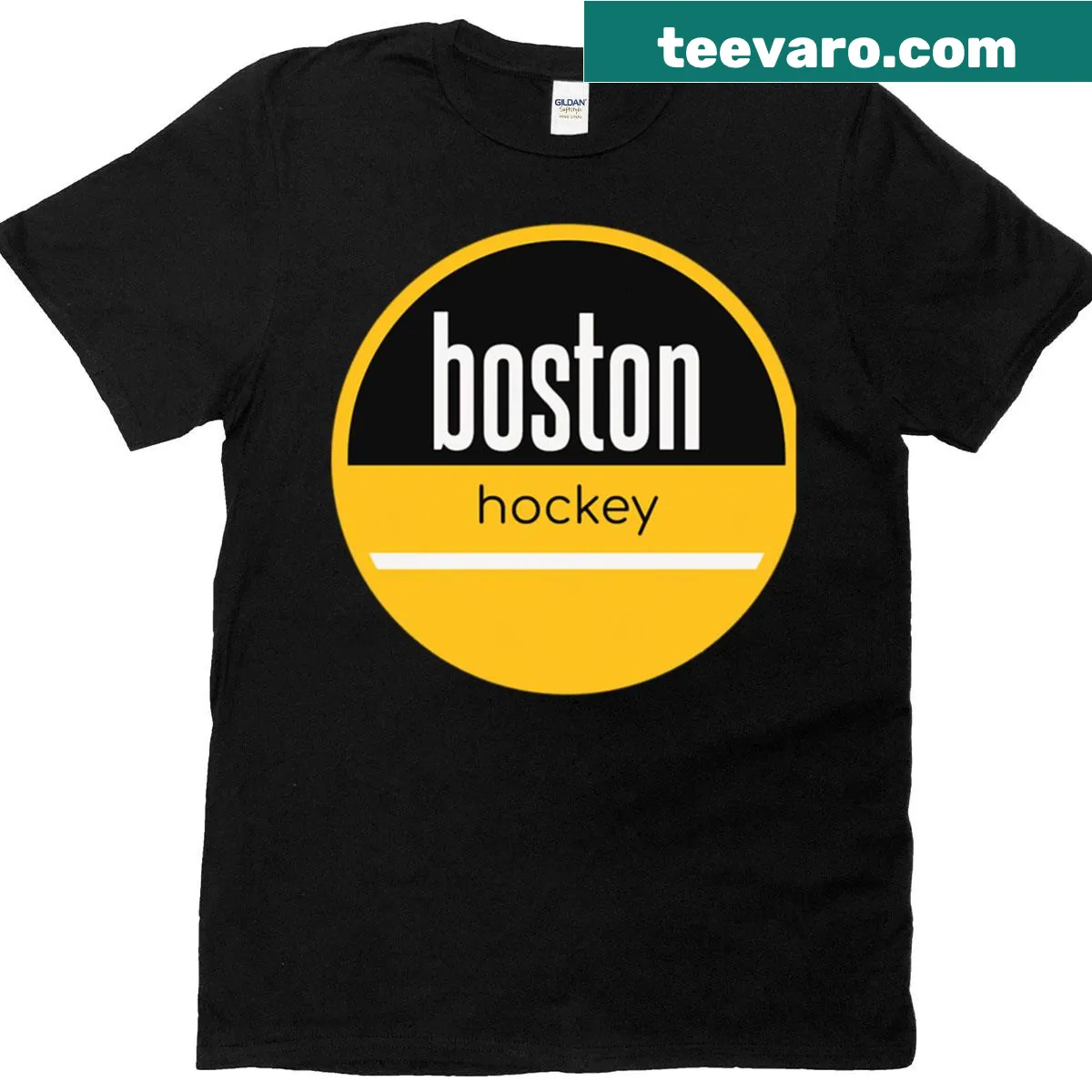 Boston Bruins text graphic on hockey t-shirt — on a men's t-shirt