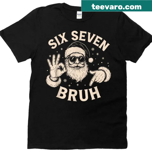 Playful Christmas t-shirt for boys featuring a cartoon Santa and 'Bruh 67' text.