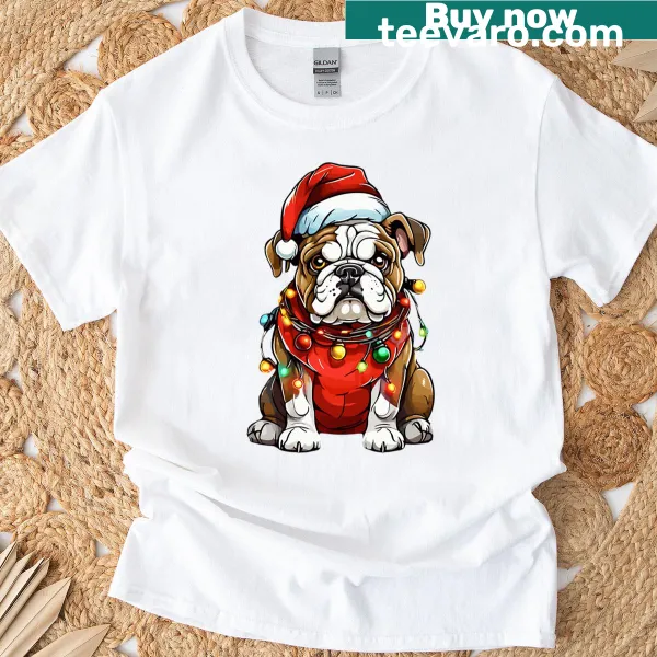 Bulldog tangled in Christmas lights wearing a Santa hat