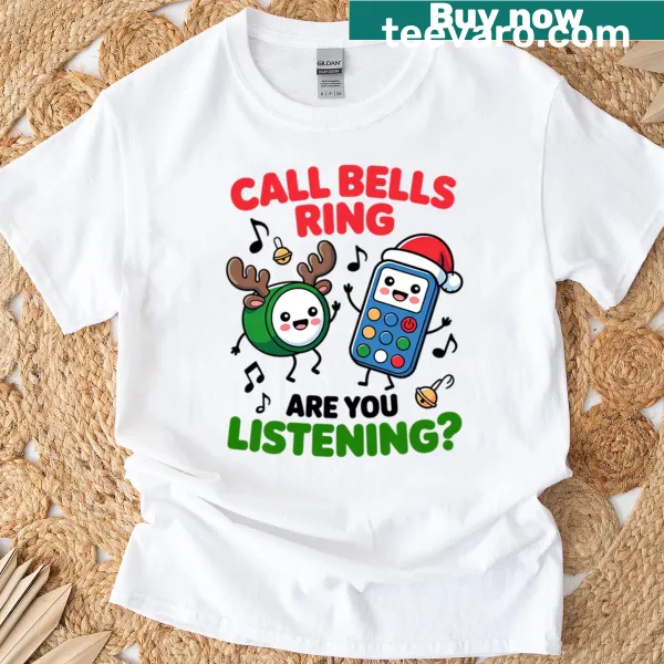 Funny Christmas nurse t-shirt with call bells and festive text