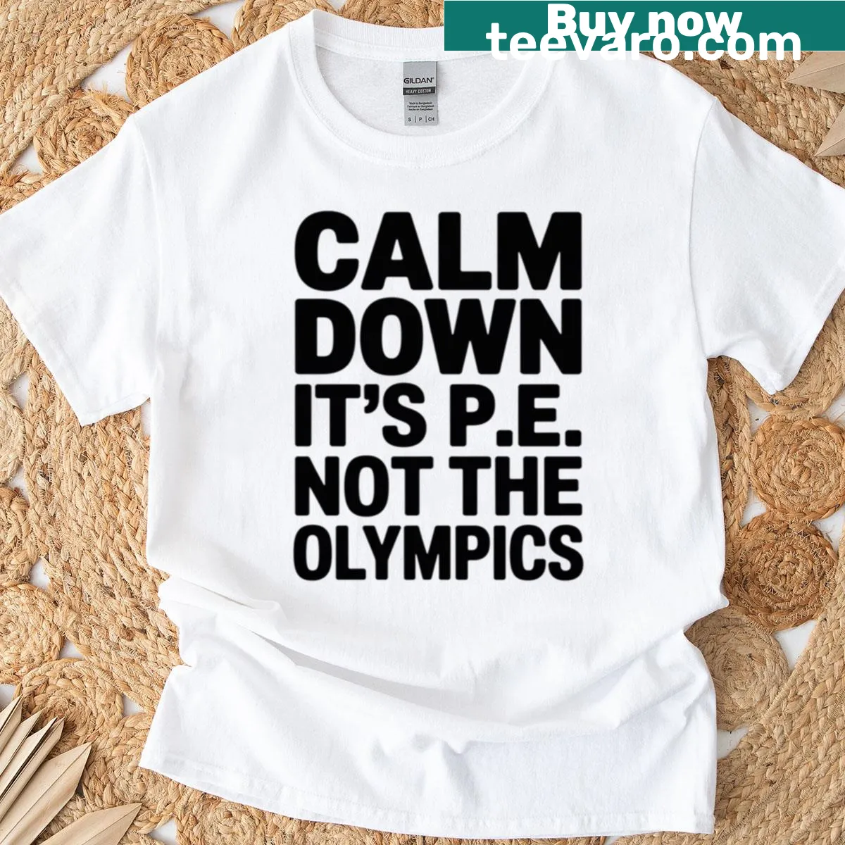 Humorous PE teacher t-shirt with text 'Calm Down It's PE' — on a men's t-shirt