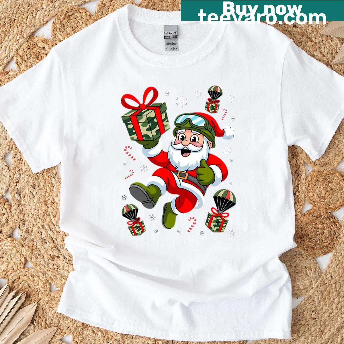 Camouflage Santa Claus T-shirt for a playful holiday look. — on a men's t-shirt