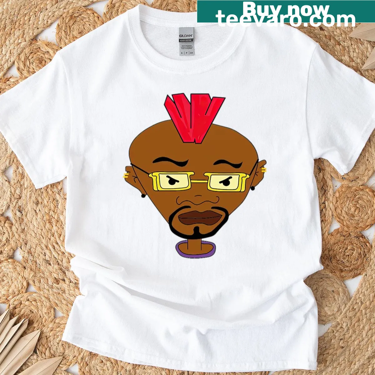 Bold cartoon punk character T-shirt with mohawk design. — on a men's t-shirt