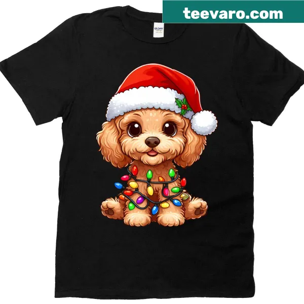 Cute cartoon Santa with a Cavoodle in Christmas lights T-shirt