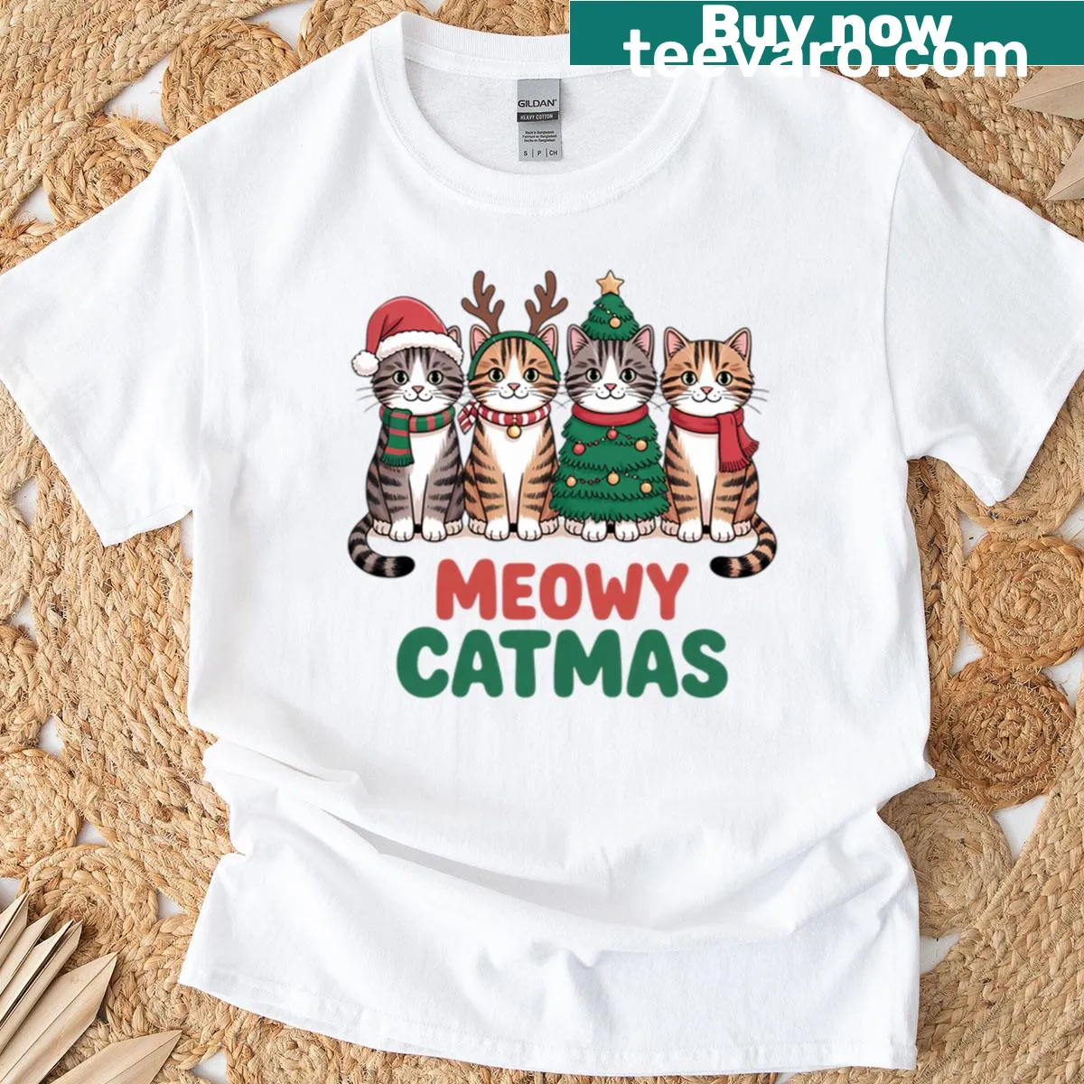 Cute cat-themed Christmas T-shirt for cat lovers. — on a men's t-shirt