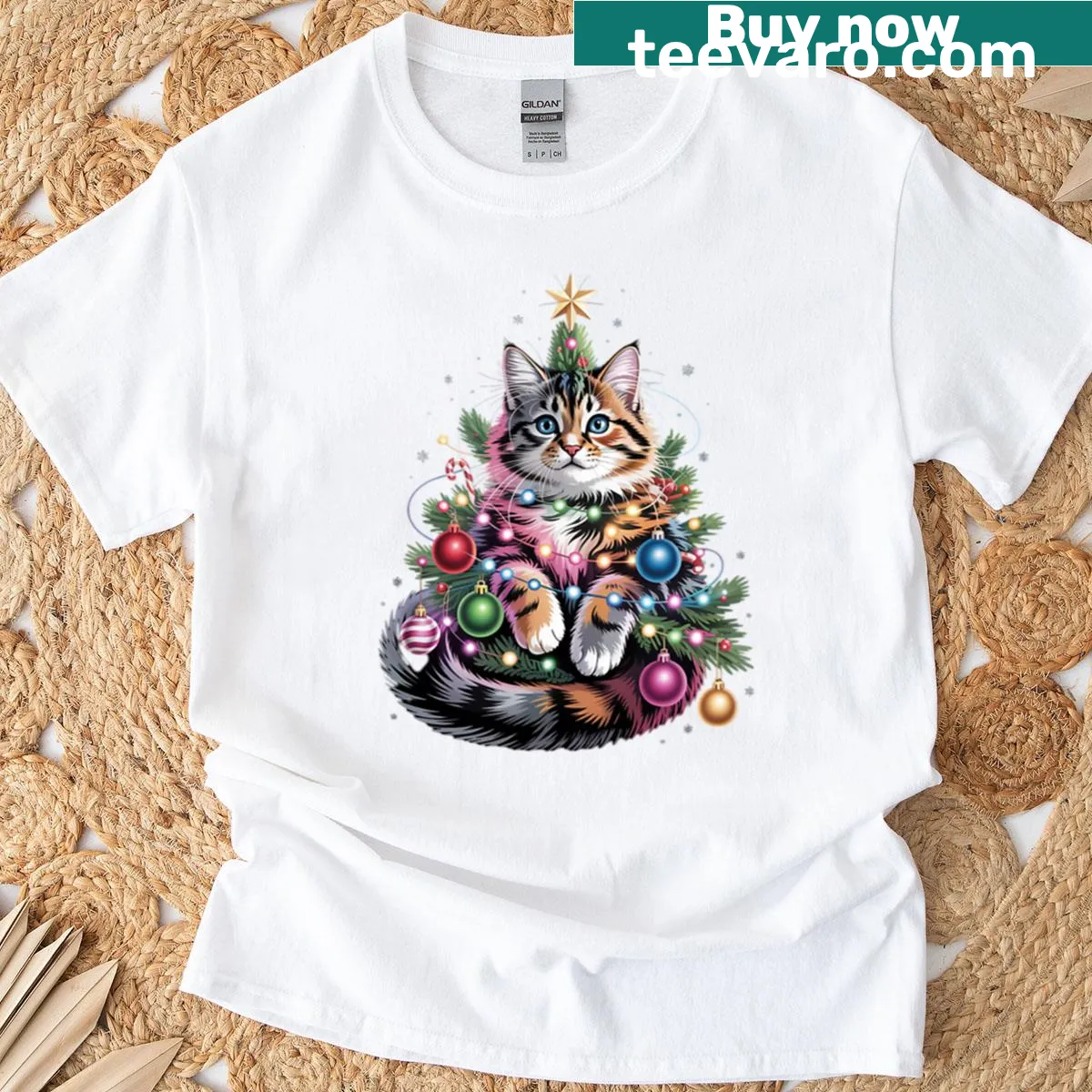Illustration of a Maine Coon cat in a Christmas tree design — on a men's t-shirt