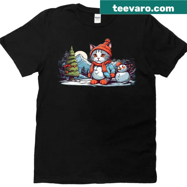 Whimsical T-shirt with a cat next to a snowman for winter fun