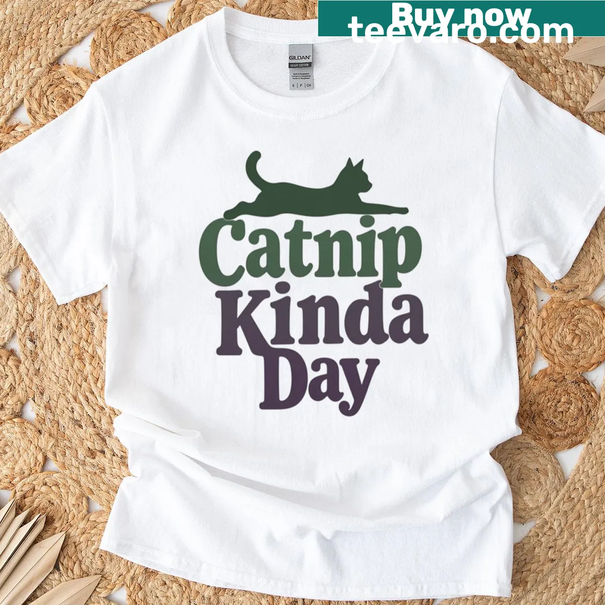 Playful cat illustration on a Catnip Kinda Day T-shirt — on a men's t-shirt