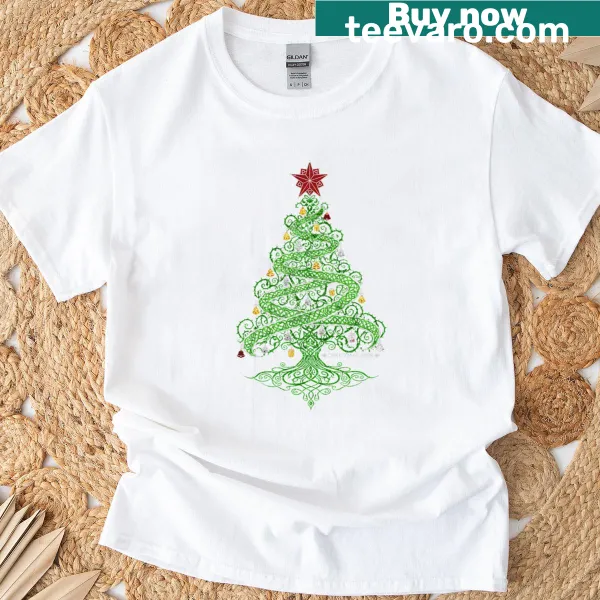 Artistic t-shirt featuring a Celtic Christmas tree design.