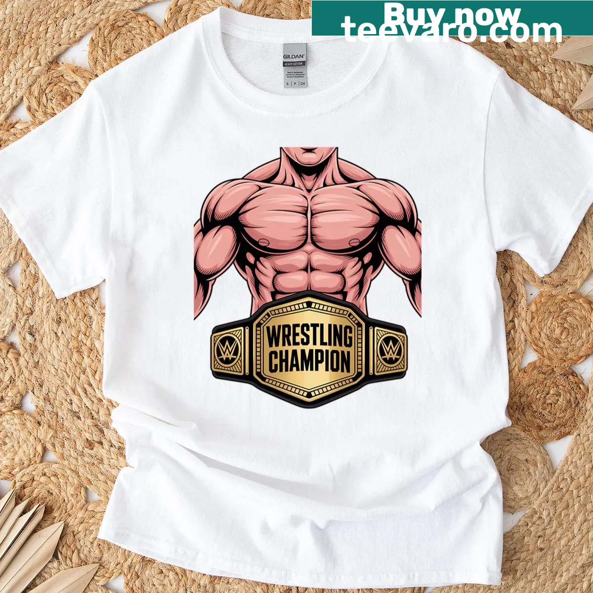 T-shirt with wrestler graphic and championship belt design — on a men's t-shirt