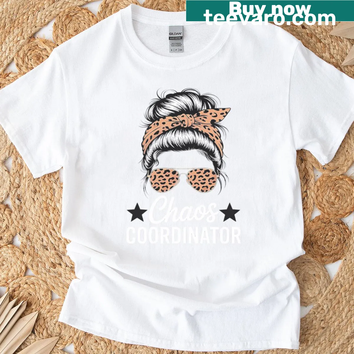 Typography design of 'Chaos Coordinator' with leopard print on a t-shirt — on a men's t-shirt