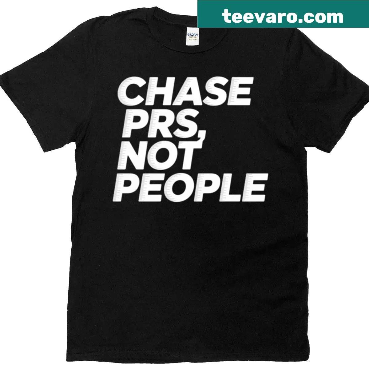 Witty T-shirt featuring motion blur text 'Chase Prs Not People' — on a men's t-shirt