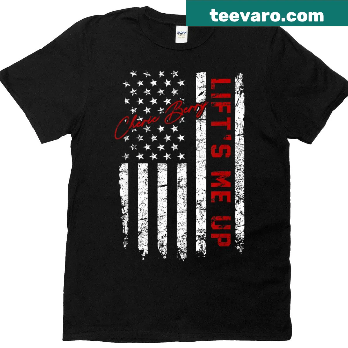 Inspirational T-shirt with the phrase 'Cherie Berry Lifts Me Up' and flag design — on a men's t-shirt