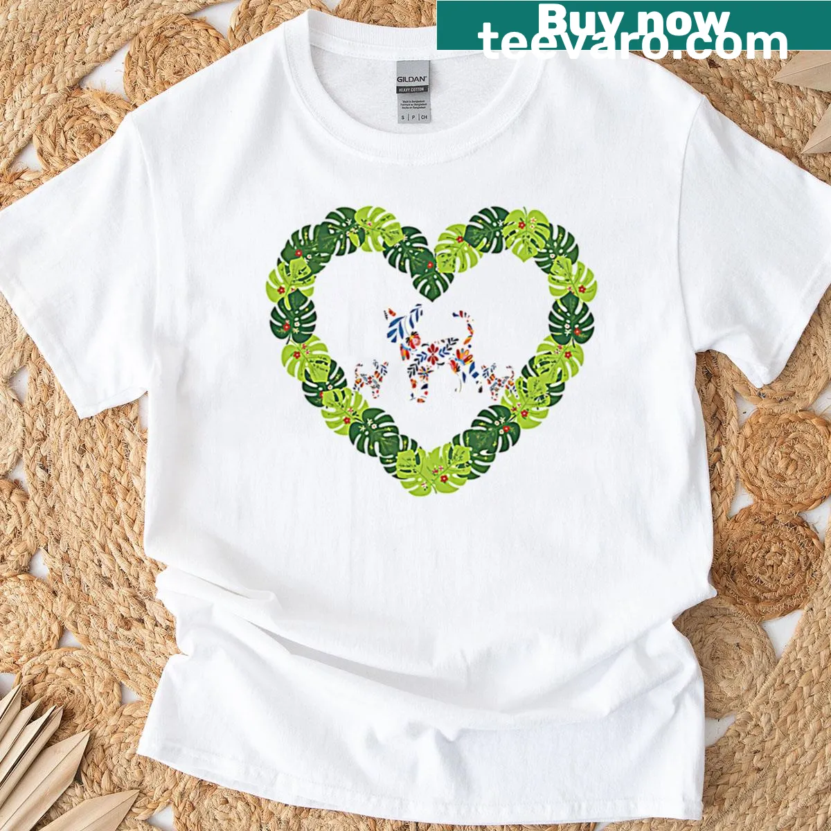 Silhouettes of Chihuahuas with a Monstera leaf heart design — on a men's t-shirt