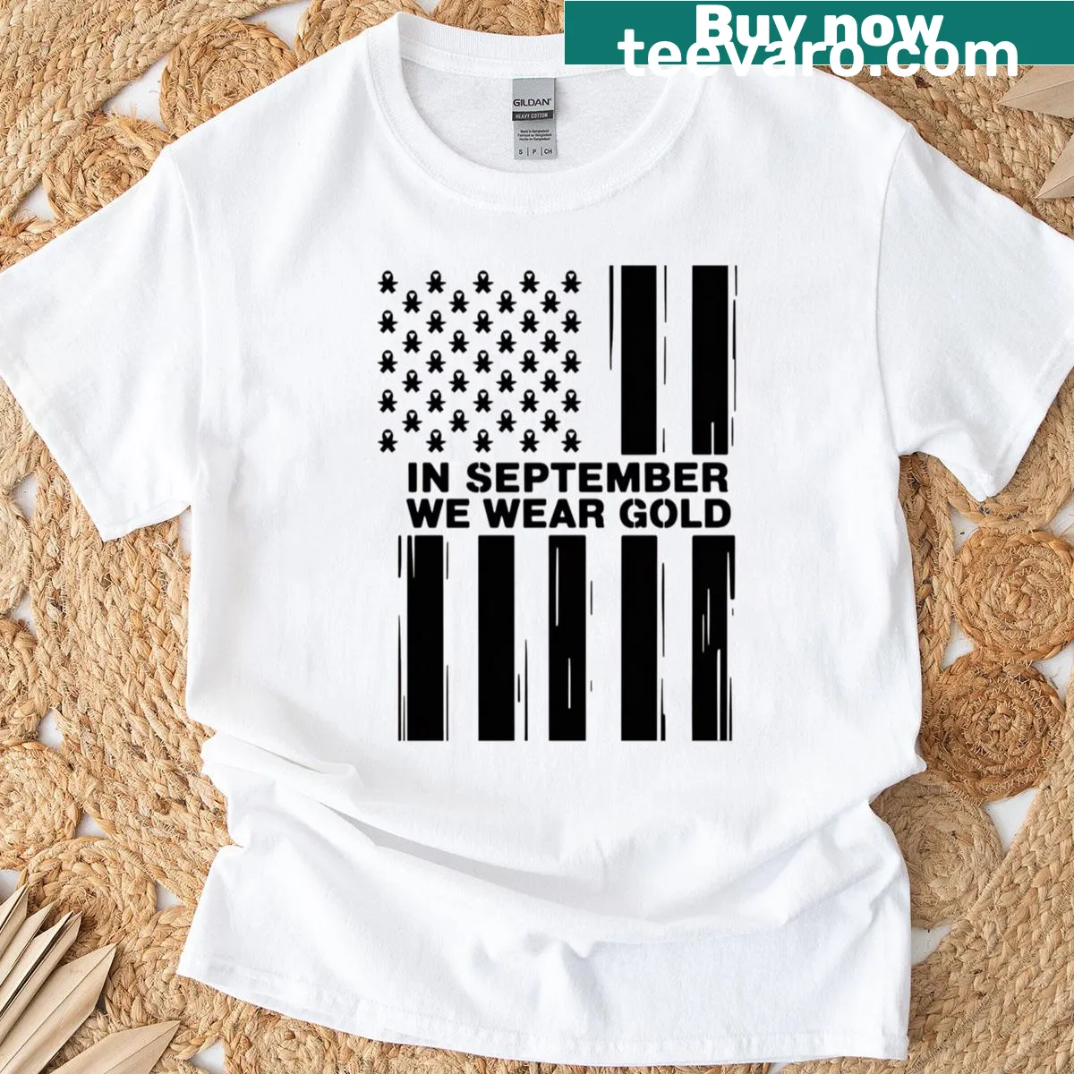 Gold awareness t-shirt for childhood cancer — on a men's t-shirt