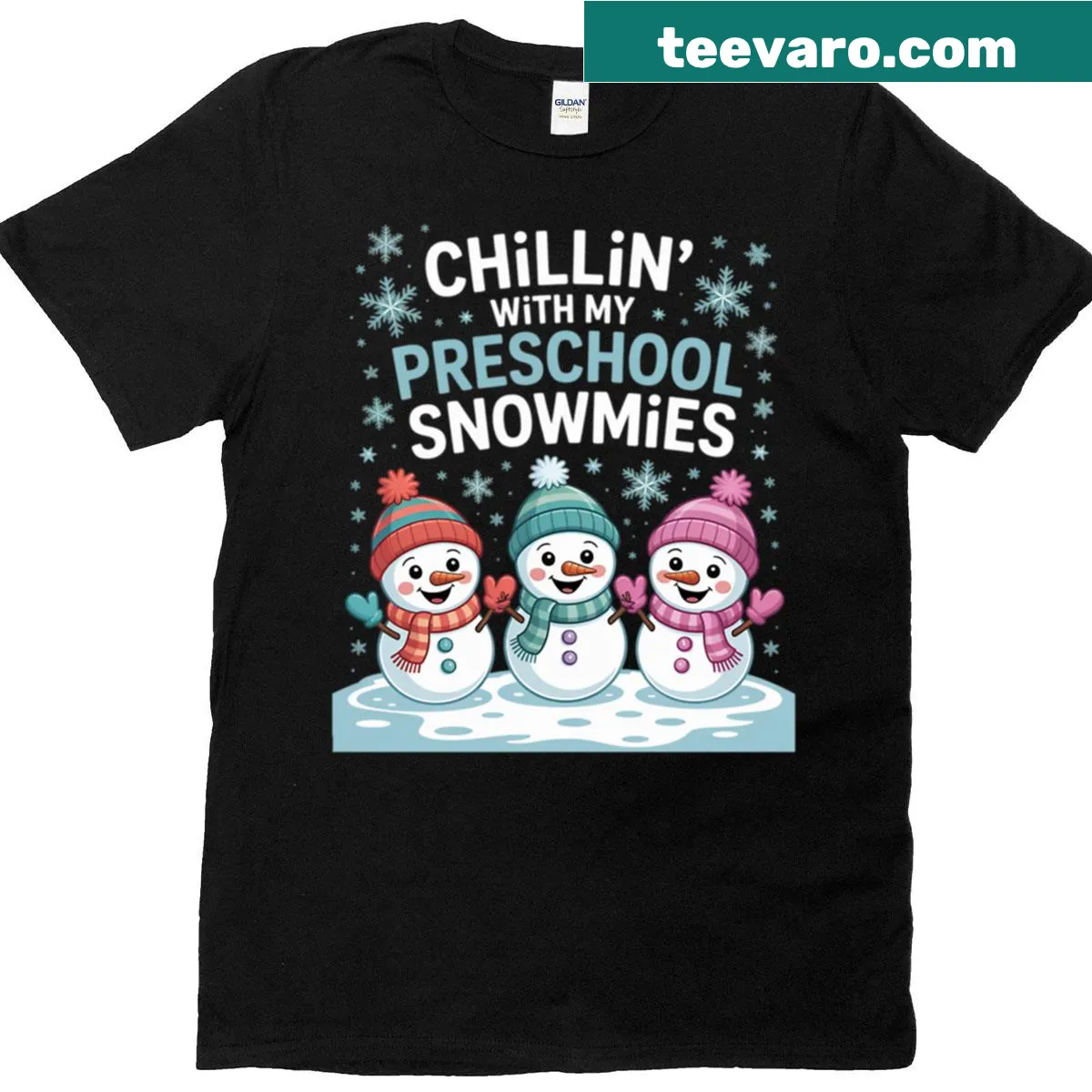 Illustrative T-shirt for teachers featuring 'Chillin' With My Preschool Snowmies' — on a men's t-shirt