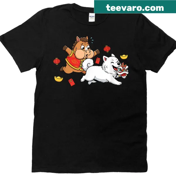 Funny New Year T-shirt with a horse and Samoyed graphic