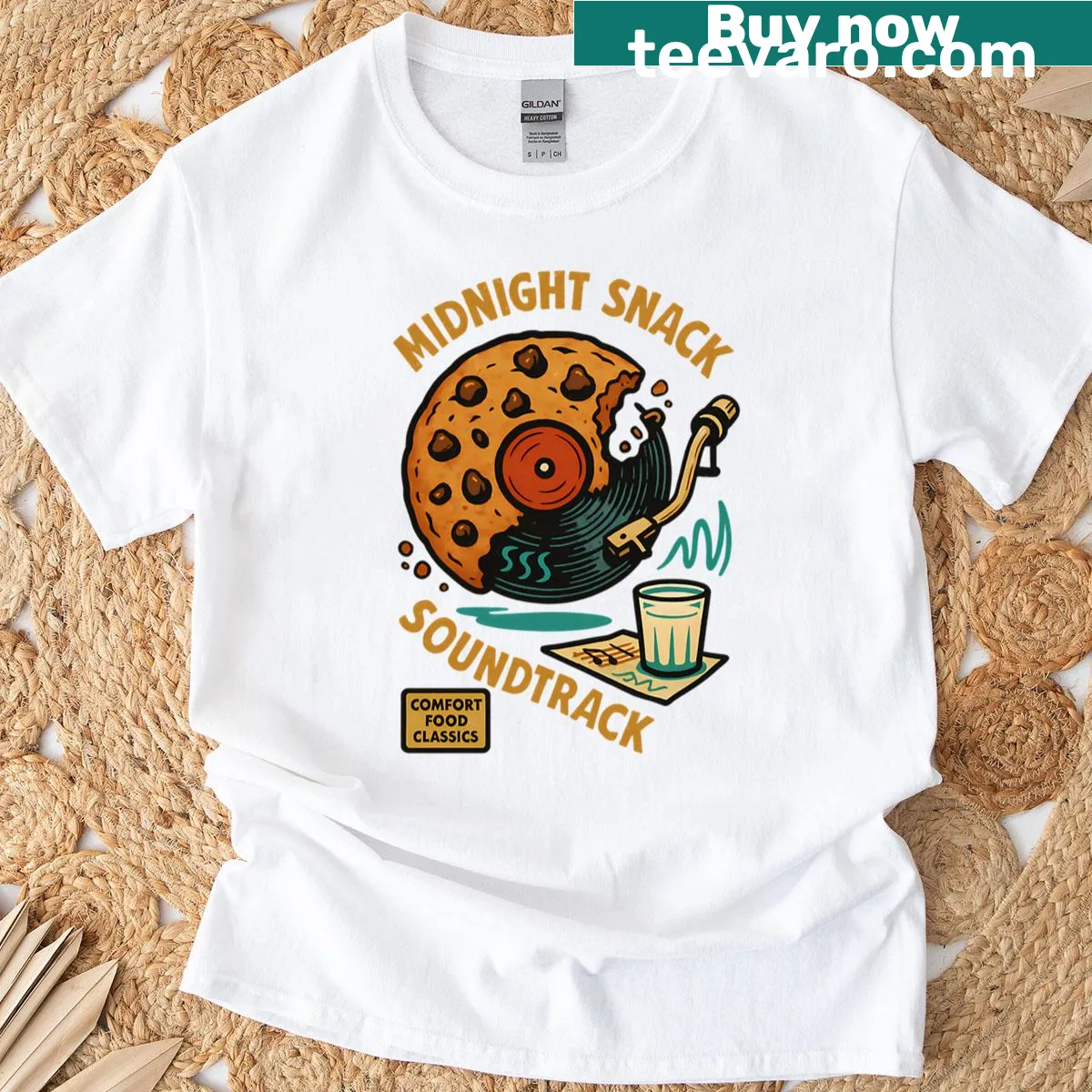 Vintage-inspired t-shirt featuring chocolate chip cookie vinyl record design — on a men's t-shirt