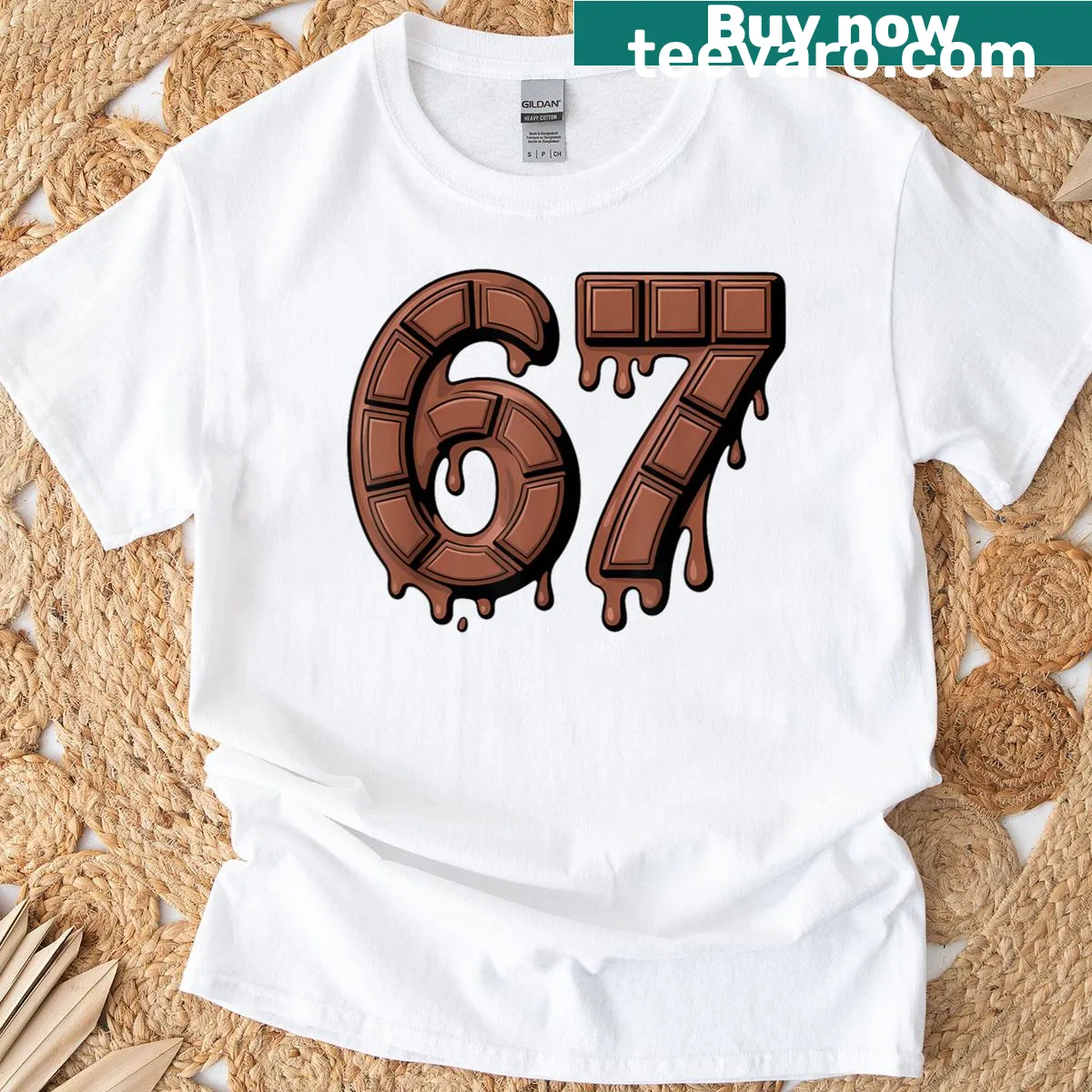 Funny birthday t-shirt featuring chocolate-themed '67' design. — on a men's t-shirt