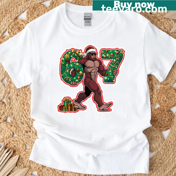 Whimsical Christmas Bigfoot t-shirt with festive illustrations