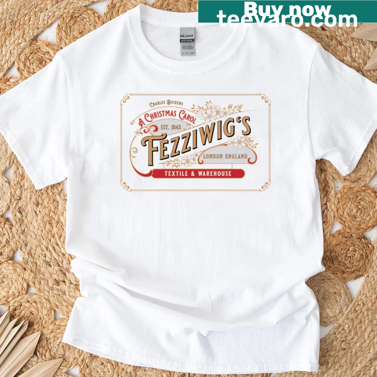 Charming Christmas Carol Fezziwigs T-shirt with whimsical textile sign — on a men's t-shirt