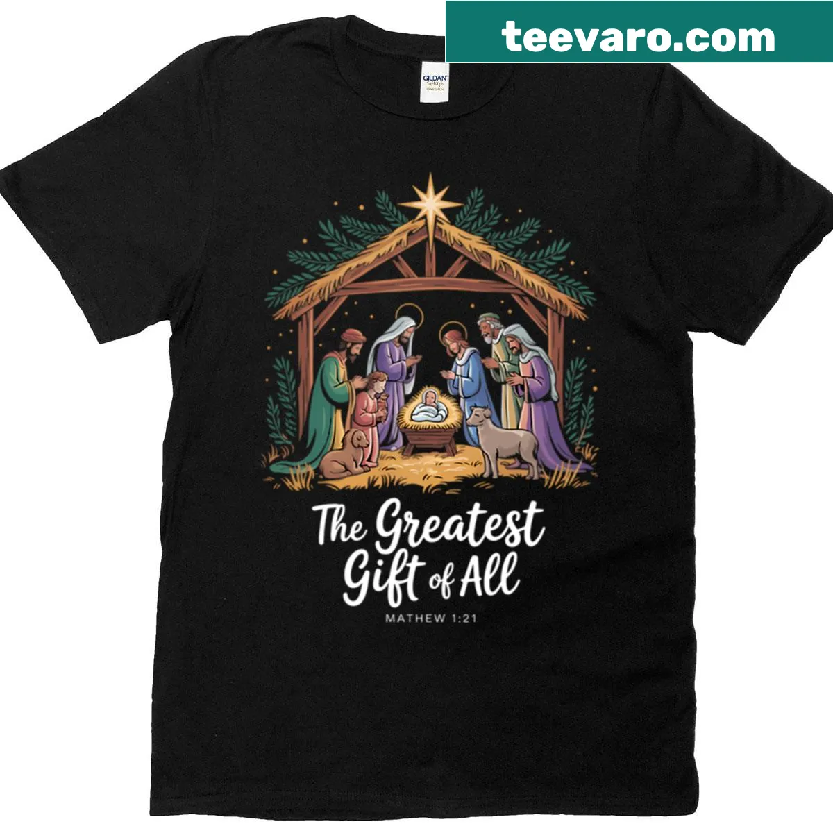 Cute Christmas shirt with an illustration of Jesus for holiday spirit — on a men's t-shirt