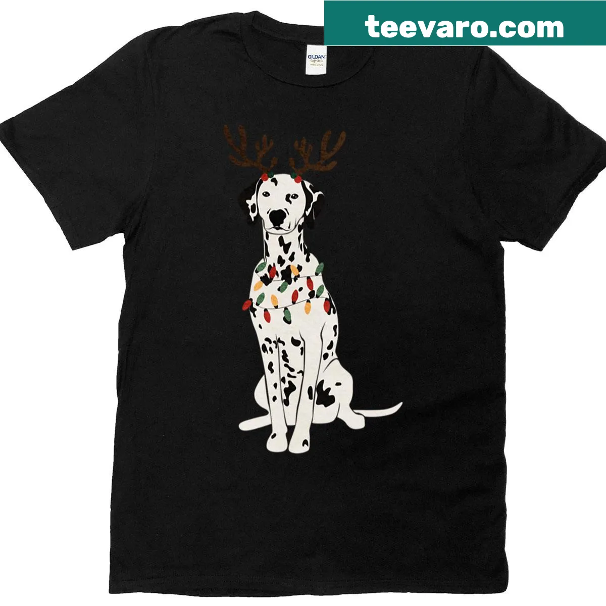 Cute Christmas Dalmatian t-shirt with reindeer antlers — on a men's t-shirt