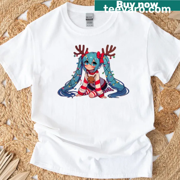 Cartoon Hatsune Miku in a festive design on a Christmas T-shirt