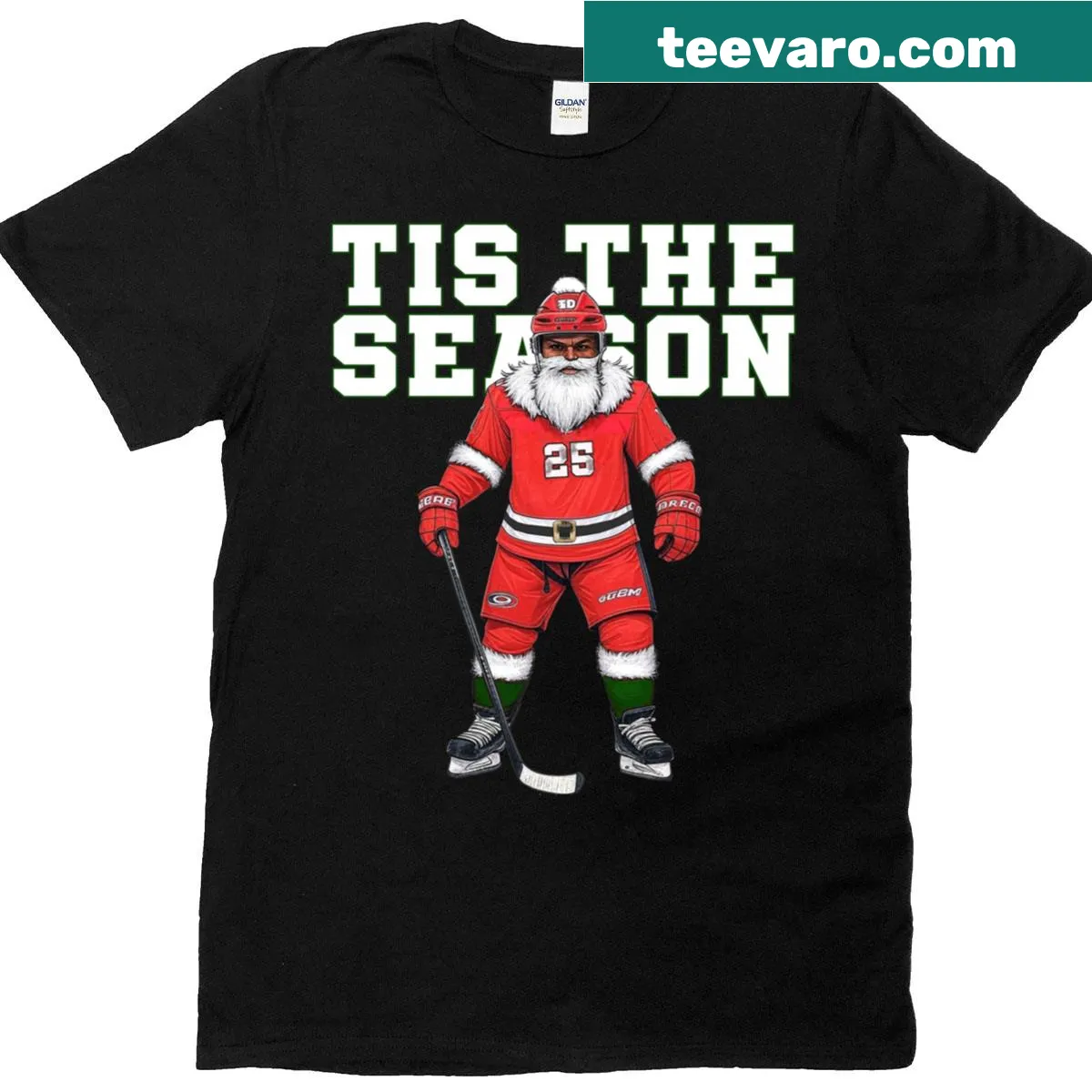 Funny typography design featuring Santa Claus with hockey elements on T-shirt — on a men's t-shirt