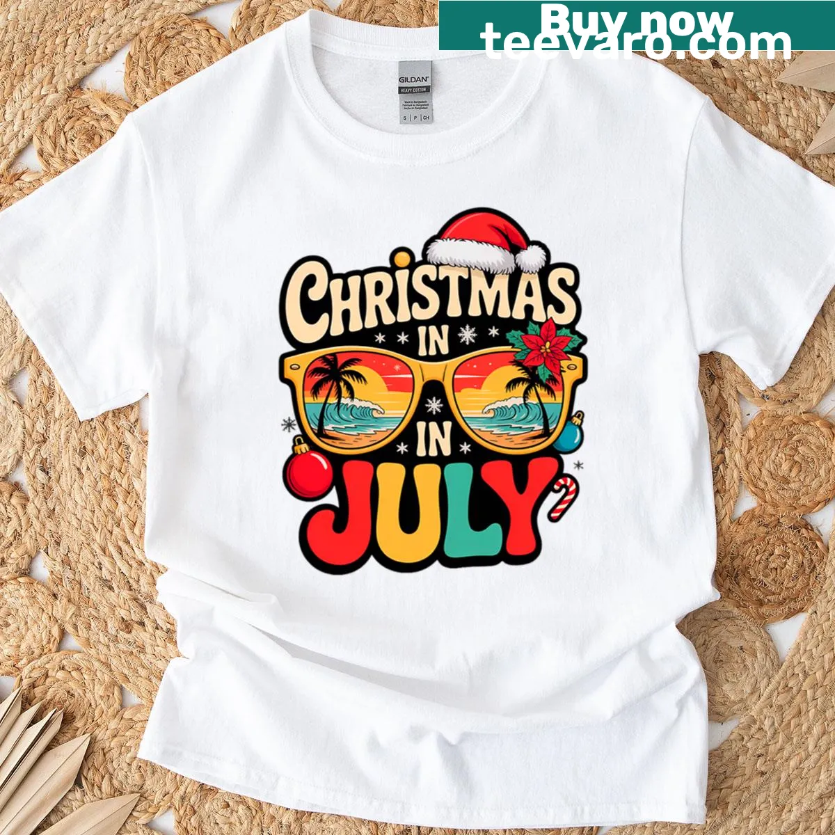 T-shirt featuring a playful design combining Christmas and summer themes — on a men's t-shirt