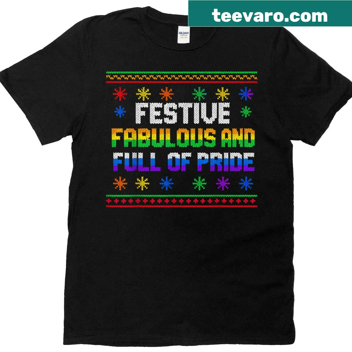 Ugly sweater-style Christmas T-shirt for lesbian couples with pride themes. — on a men's t-shirt