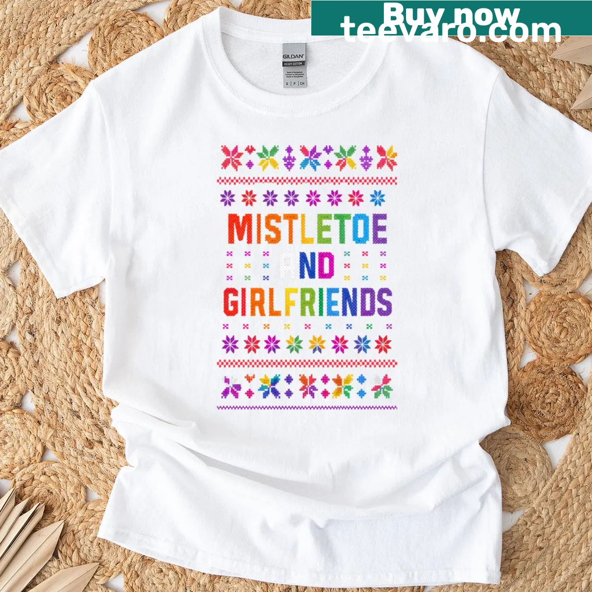 Illustration of mistletoe with text celebrating lesbian couples for Christmas — on a men's t-shirt
