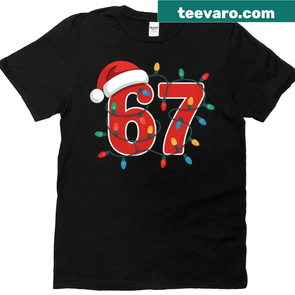 Christmas T-shirt with number 67 decorated with lights and a Santa hat — on a men's t-shirt