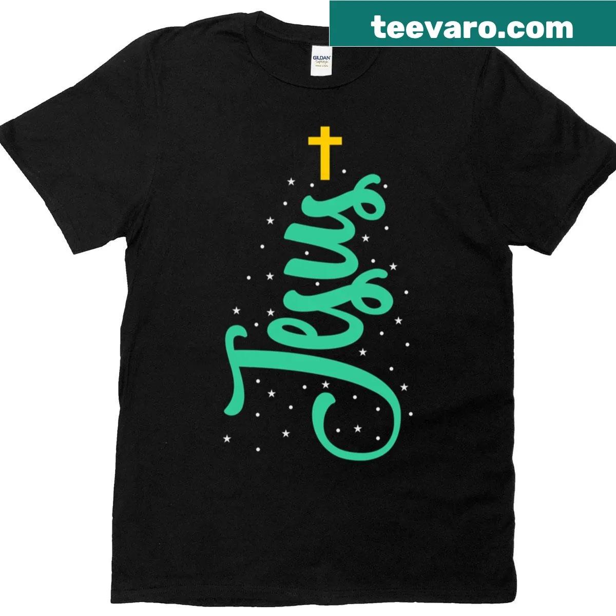 Christmas-themed t-shirt with nativity scene and cross illustration — on a men's t-shirt
