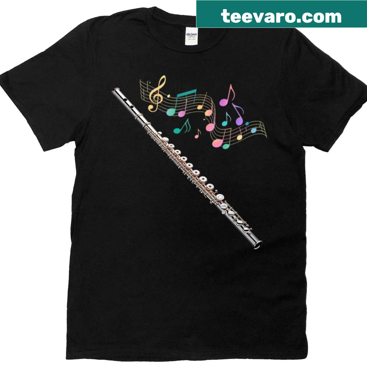 Flutist gift t-shirt featuring a flute and musical notes — on a men's t-shirt
