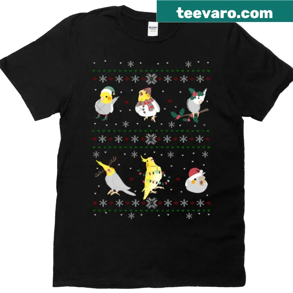 Cartoon Christmas design featuring a cockatiel on T-shirt