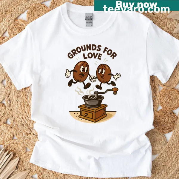 Vintage-style Coffee Beans Love T-shirt with grinder illustration