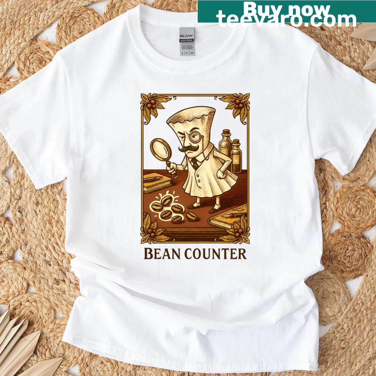 Vintage-style gentleman with a coffee filter graphic — on a men's t-shirt