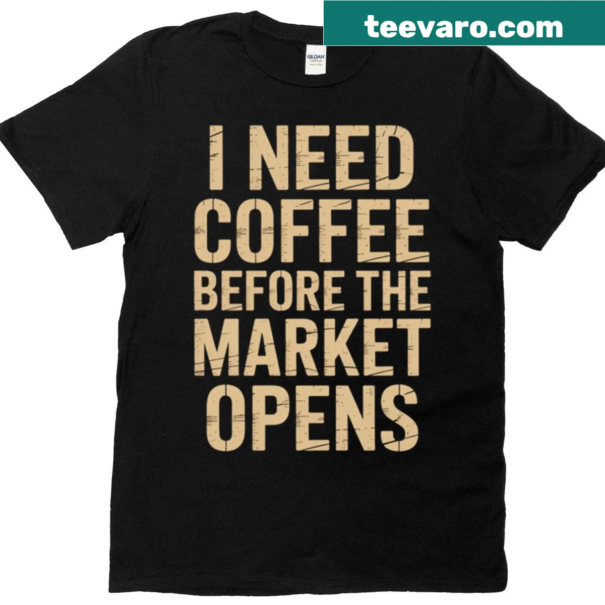 Funny T-shirt for coffee lovers featuring stock market trading text — on a men's t-shirt