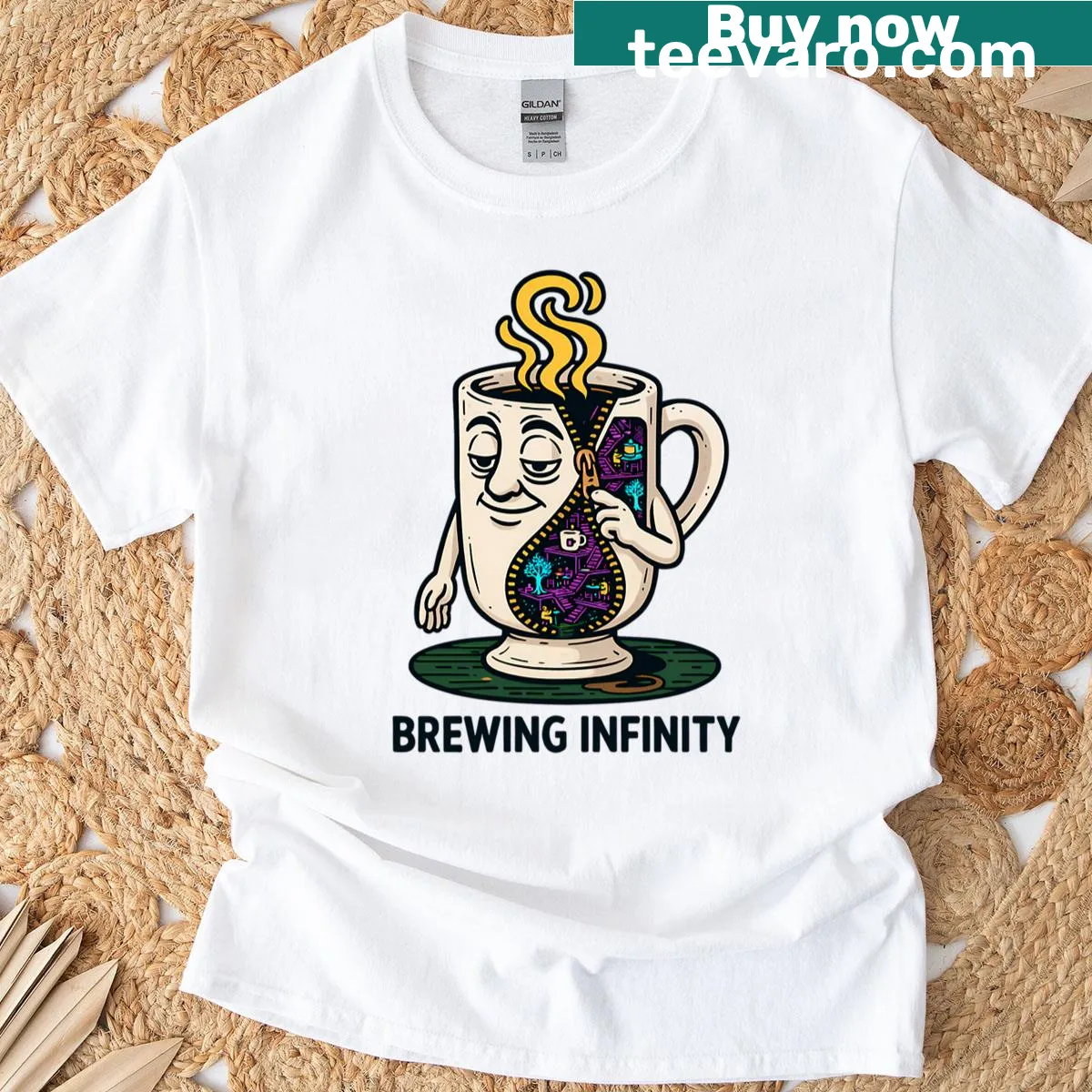 Coffee Mug Universe T-shirt with fractal infinity design — on a men's t-shirt