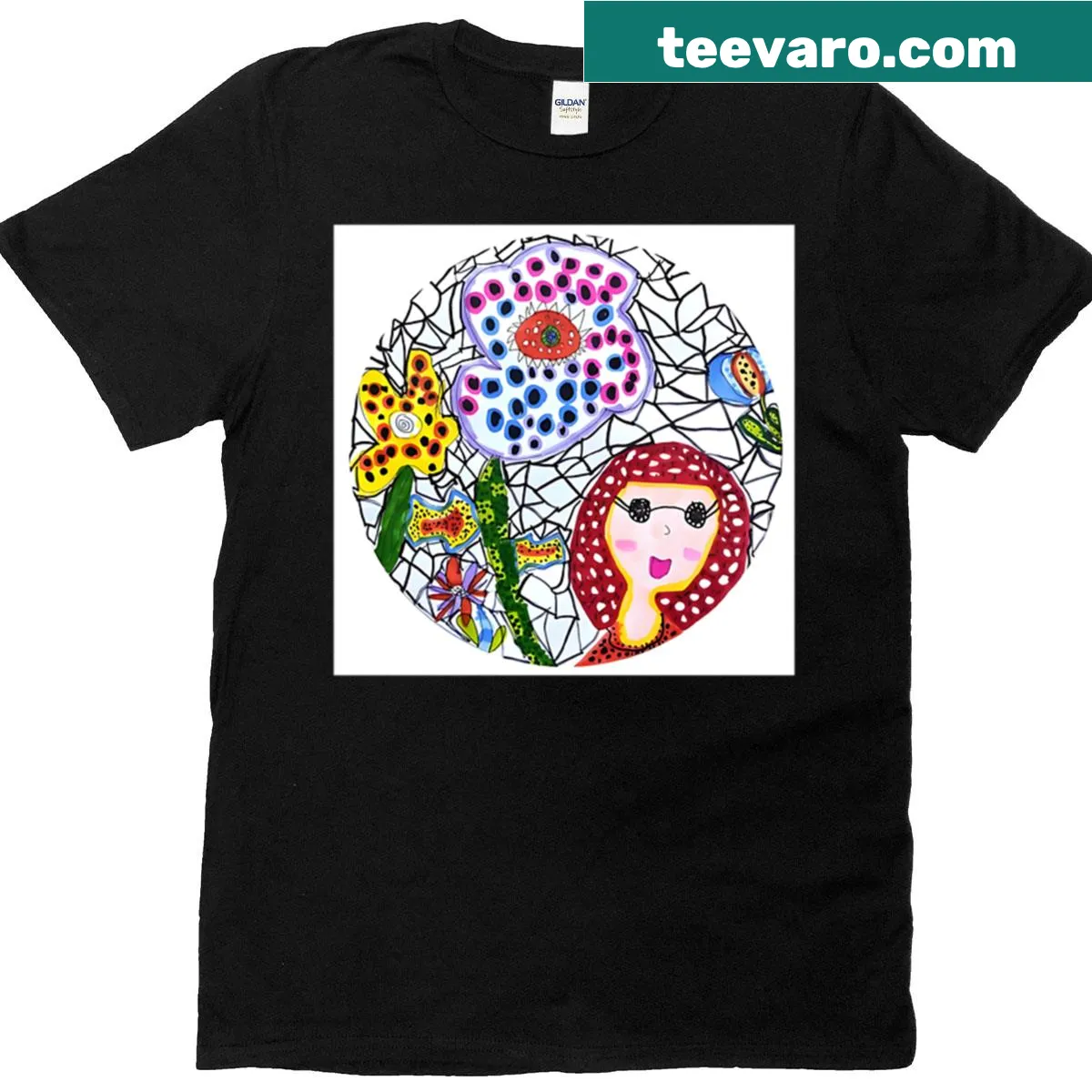 Surreal garden portrait T-shirt with abstract floral design — on a men's t-shirt