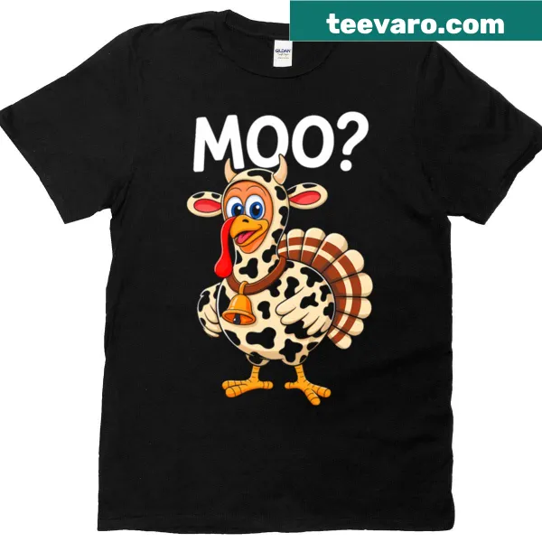 Funny Thanksgiving t-shirt featuring a cow and turkey with 90s style text