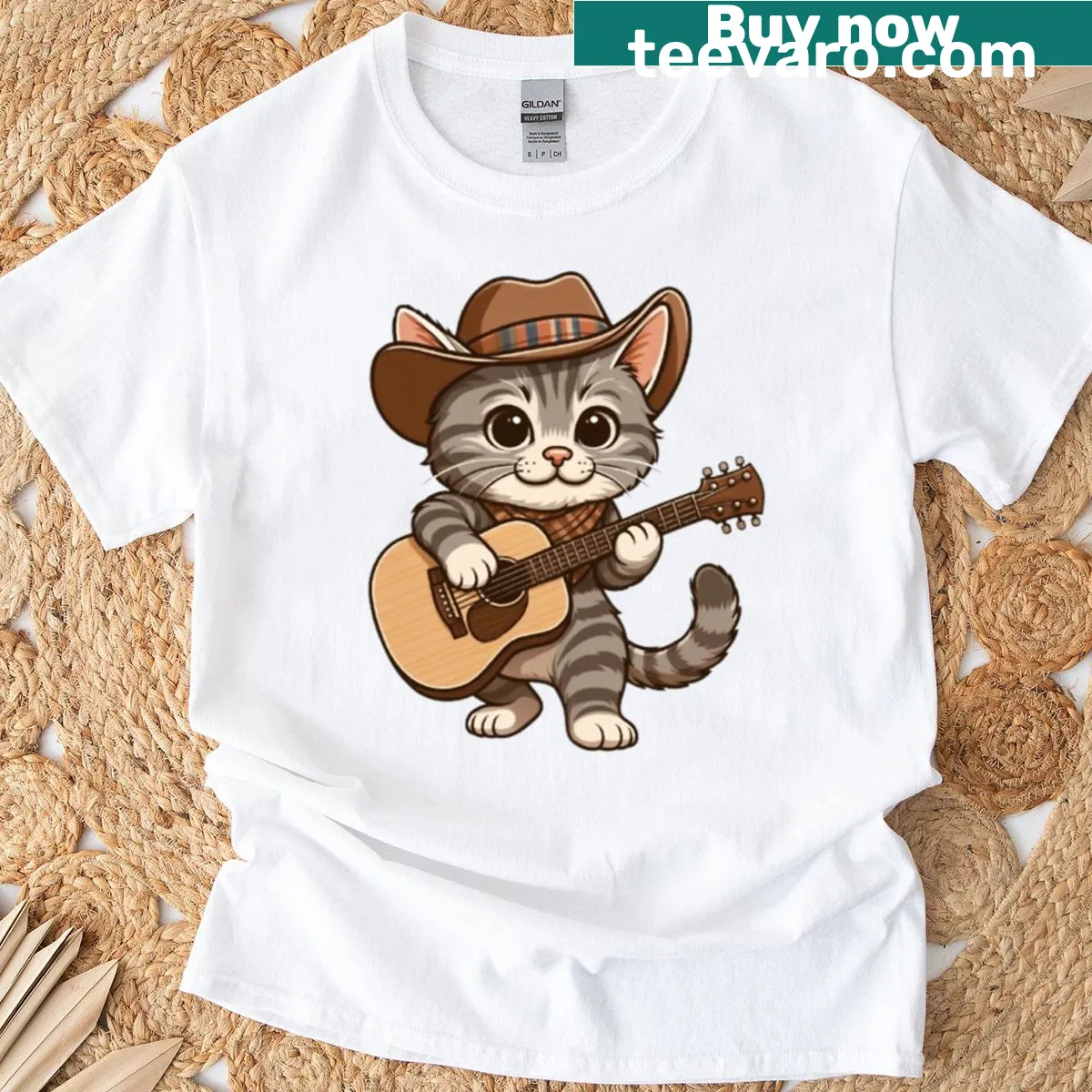 A playful cowboy cat illustrated playing guitar in a whimsical style — on a men's t-shirt