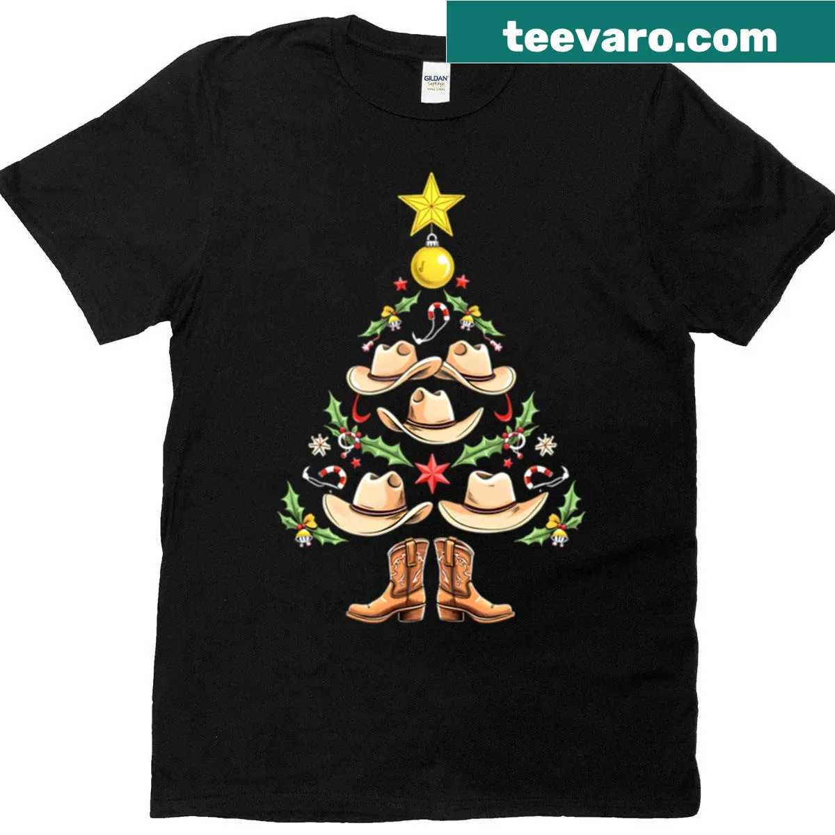 Cowgirl-themed Christmas tree graphic T-shirt — on a men's t-shirt