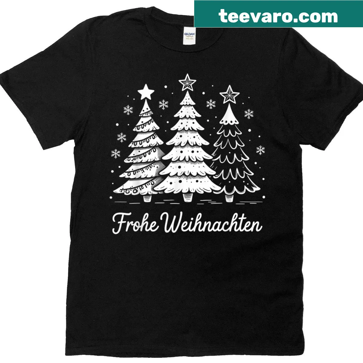 Illustrative T-shirt with three fir trees and winter elements — on a men's t-shirt