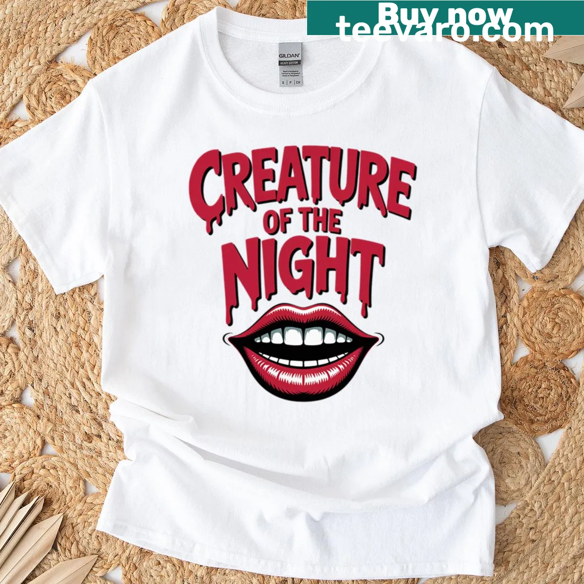 Edgy horror-themed t-shirt featuring striking lips design — on a men's t-shirt